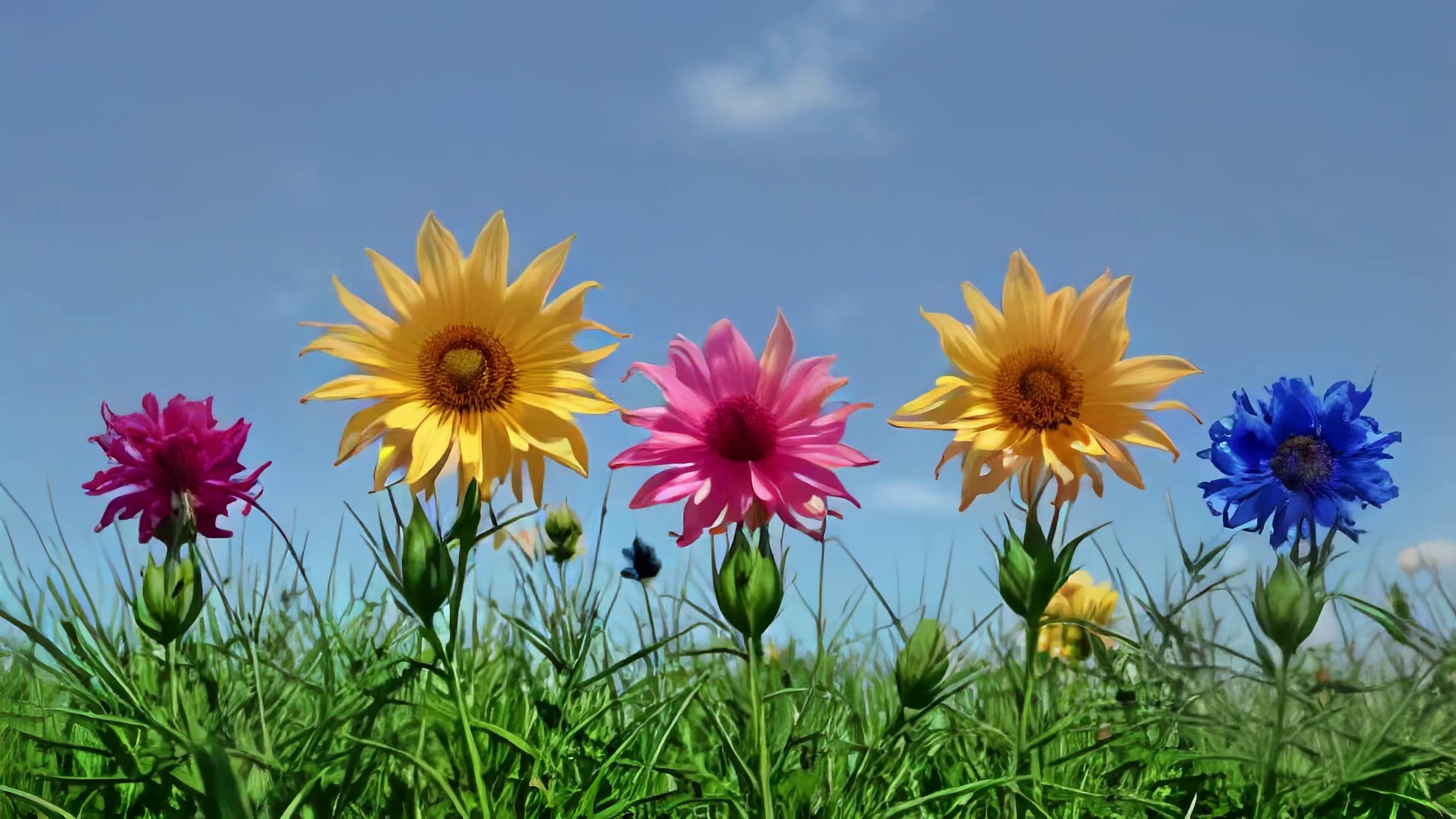 A still frame from Doug Rosman's Bloom (2025). It depicts a vibrant outdoor scene with five colored flowers.